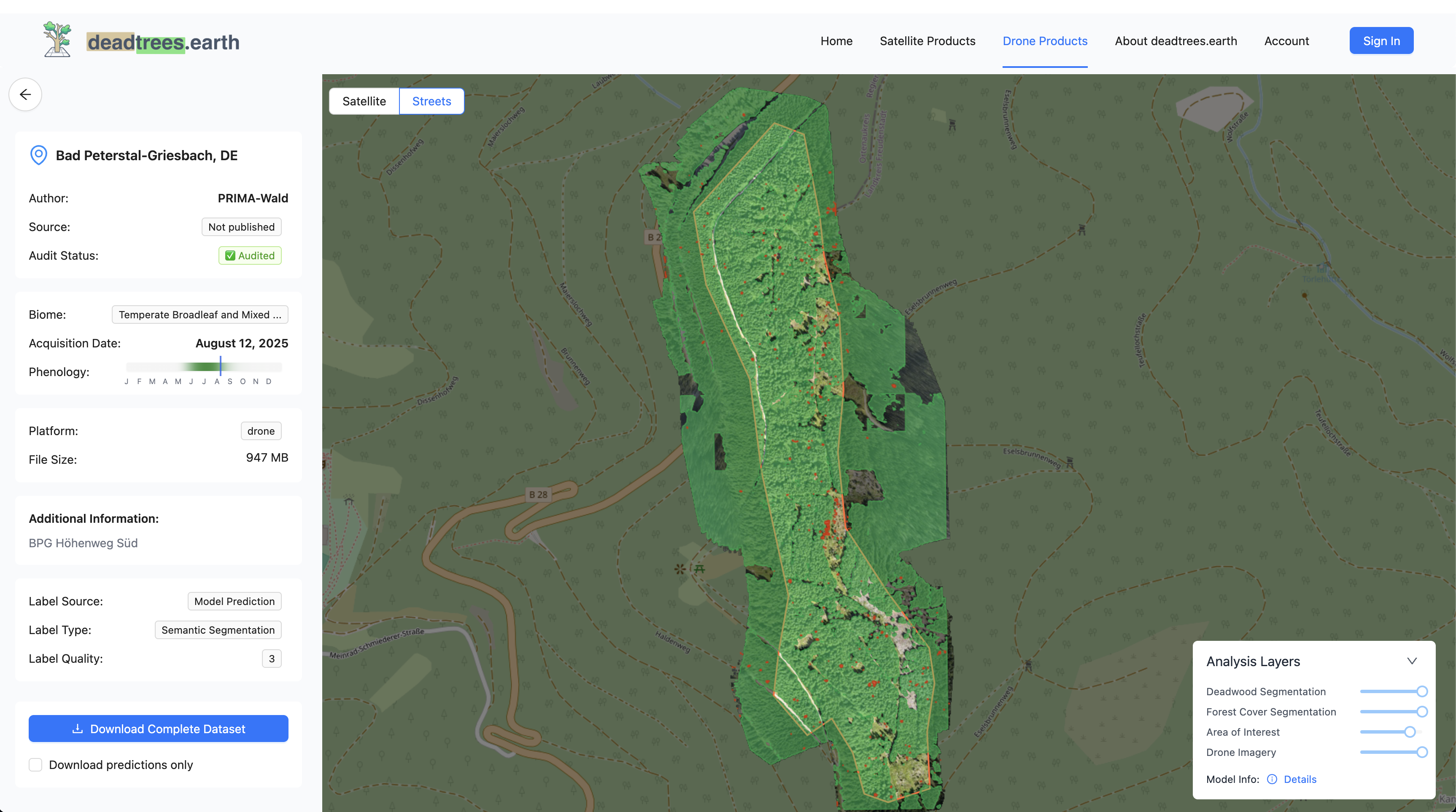 deadtrees.earth Plattform: Drohnenprodukt-Ansicht mit Segmentierungsebenen für Bad Peterstal-Griesbach