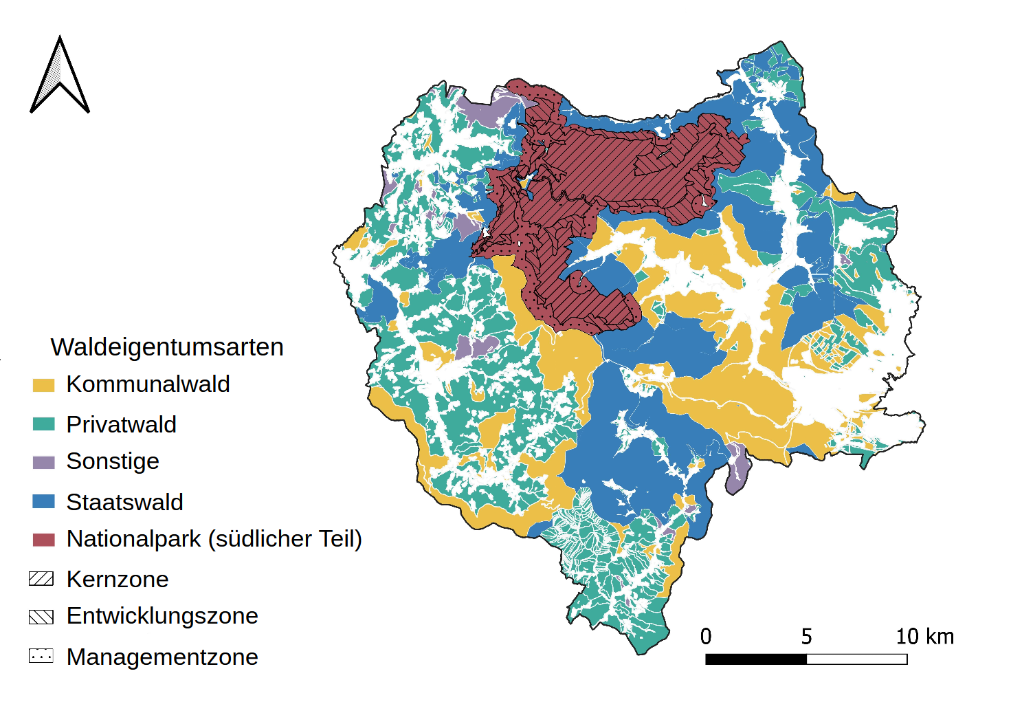 Waldeigantumsarten mit Zonierung des Nationalparks